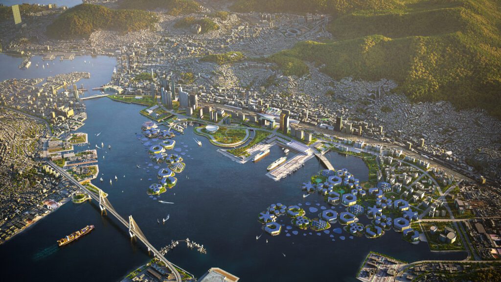 a birds-eye depiction of the floating city in South Korea