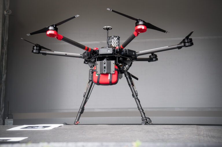 one of the red and black drones that carry the defibrillators