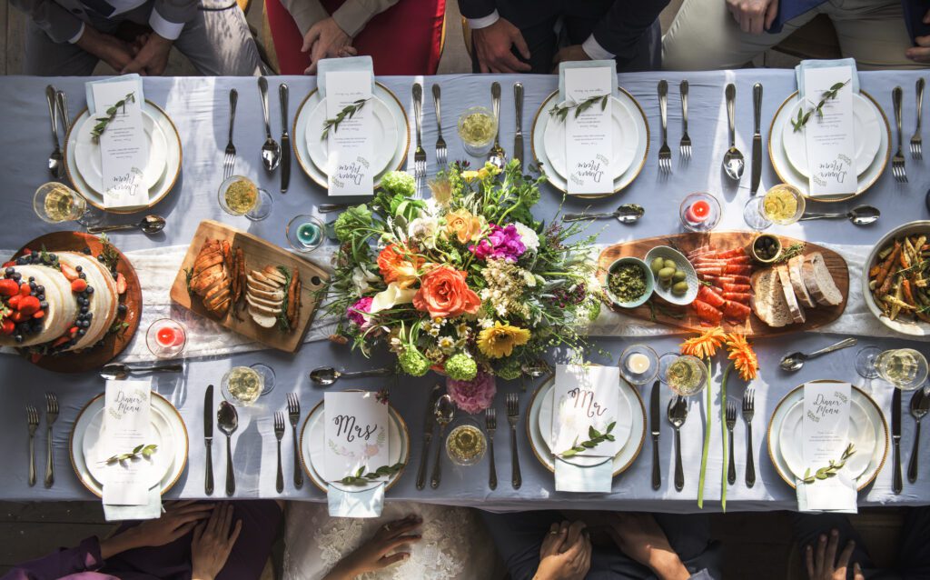 An overhead shot of a beautifully decorated wedding dinner table