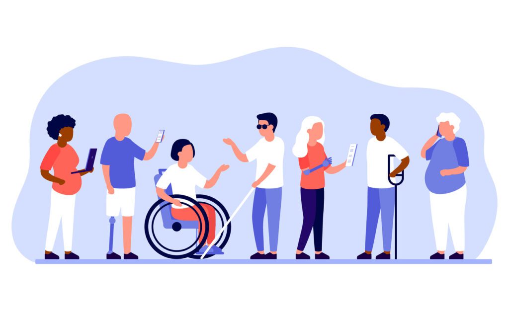 Group of people with disabilities stand and communicate with mobile phone, laptop. Vector illustration