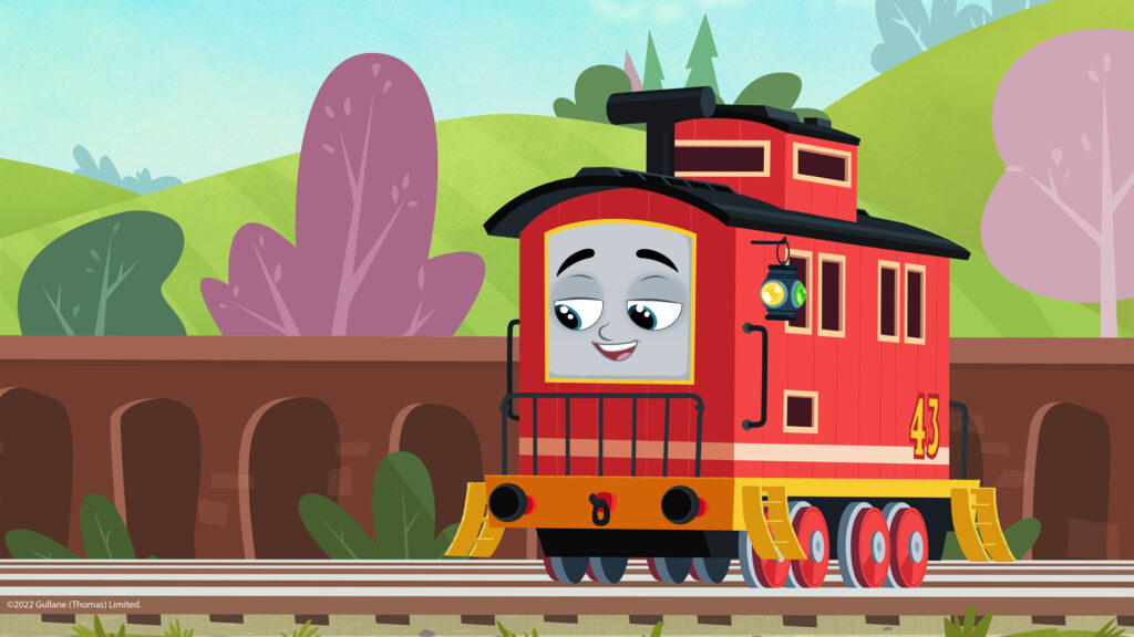 Bruno the new Thomas the Train character; a red animated train on tracks