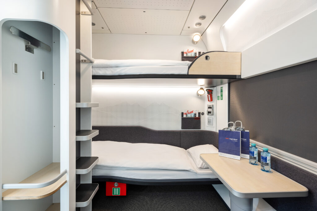 An interior shot of the new night trains, featuring a sleek looking double bunk