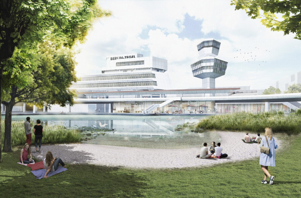 a rendering of the Tegel Projekt features people sitting on grass with the airport building in the background