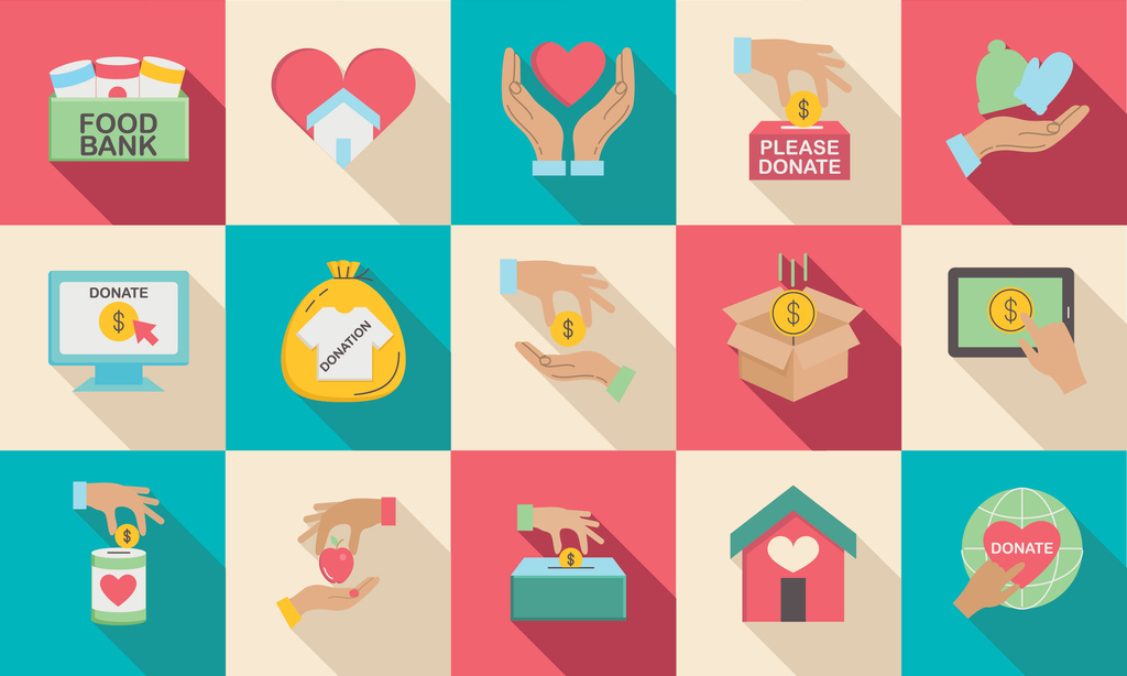 Charity And Donation Icon Set. Flat design with Long Shadow