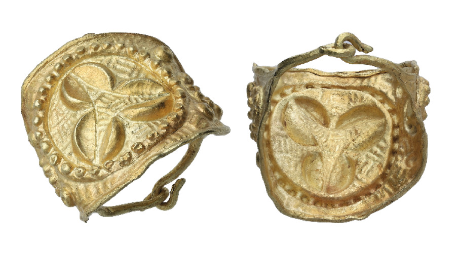 a composite image of two angles of the Celtic gold ring, which is ornate and has a small underside with a large curved top