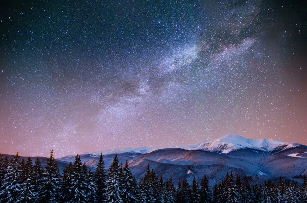 fantastic winter meteor shower and the snow-capped mountains.