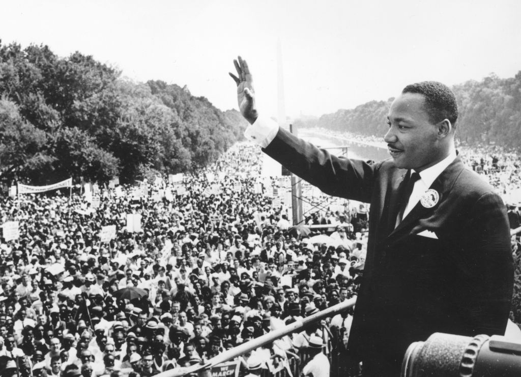 Black American civil rights leader Martin Luther King addresses crowds during the March On Washington at the Lincoln Memorial, Washington DC, where he gave his 'I Have A Dream' speech.