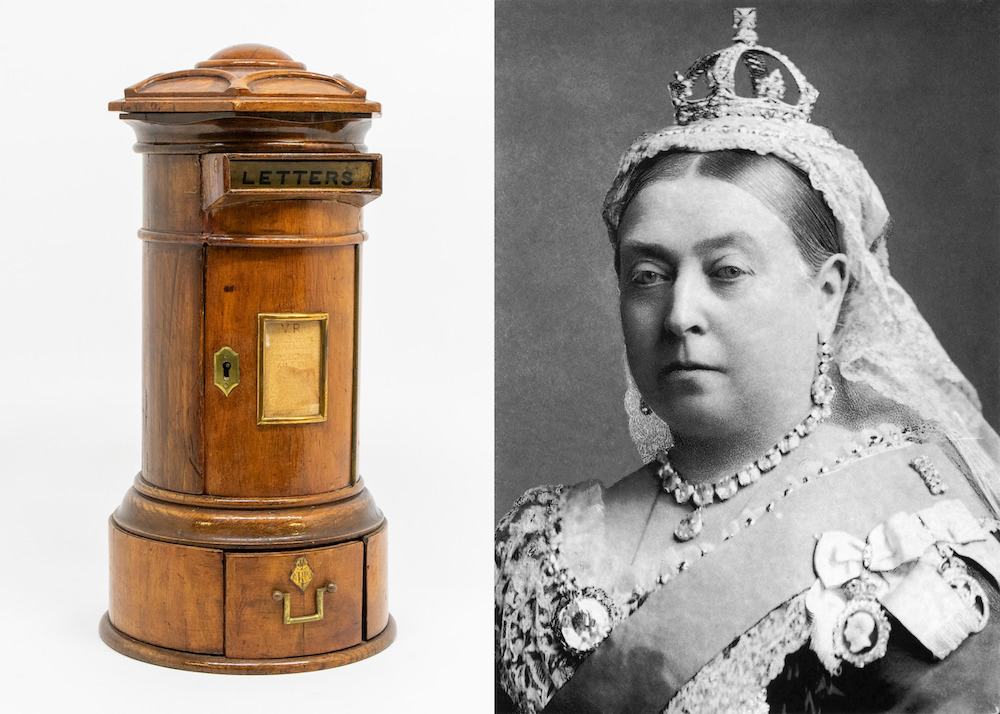 A side by side composite image of the cylindrical wooden letterbox and Queen Victoria