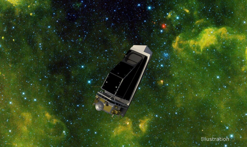 an illustration of NASA's asteroid hunter telescope in space