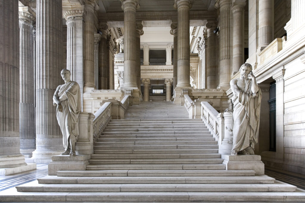 Brussels courthouse public entrance hall. Architecture and statues date from 1883 and is built in eclectic style.