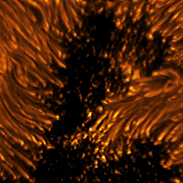 This image reveals the fine structures of a sunspot in the photosphere. Within the dark, central area of the sunspot’s umbra, small-scale bright dots, known as umbral dots, are seen. The elongated structures surrounding the umbra are visible as bright-headed strands known as penumbral filaments. Umbra: Dark, central region of a sunspot where the magnetic field is strongest. Penumbra: The brighter, surrounding region of a sunspot’s umbra characterized by bright filamentary structures.