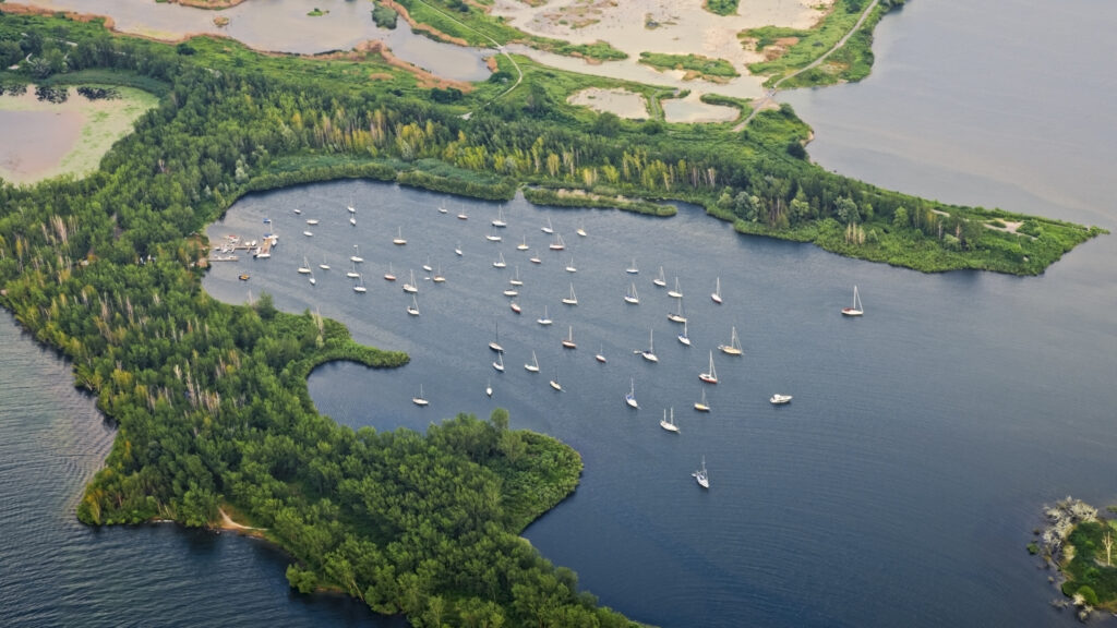 Aerial view of boats moored in Tommy Thompson Park, Toronto, Ontario, Canada.