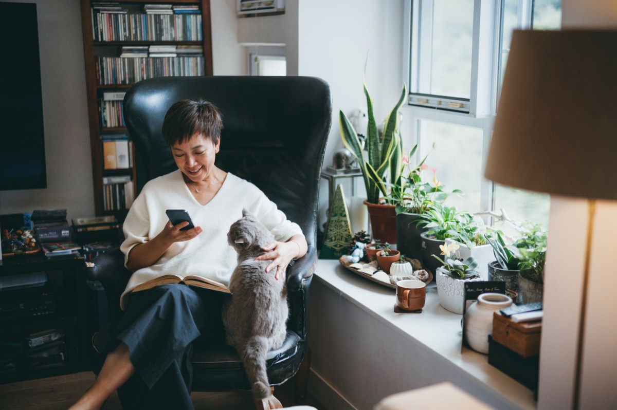 Senior Asian woman smiles and uses smartphone to communicate with her friends at home near window with plants