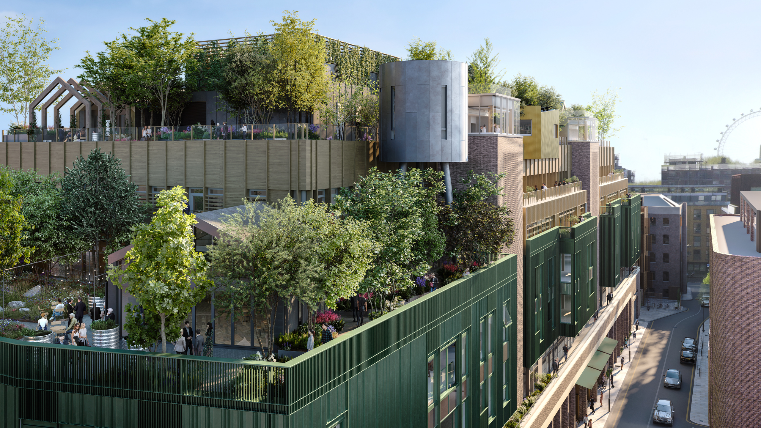 a rendering of Roots in the Sky shows the exterior of the building with lush trees and greenery on top