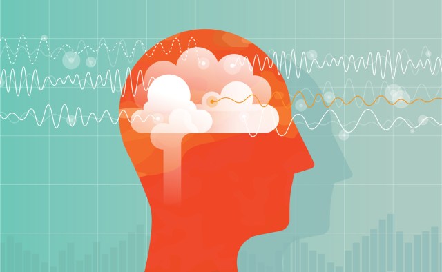 Vector illustration showing orange head with brain and charts of a different brain waves: Alpha, beta, theta and delta waves.