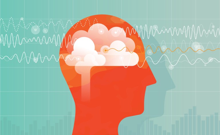 Vector illustration showing orange head with brain and charts of a different brain waves: Alpha, beta, theta and delta waves.