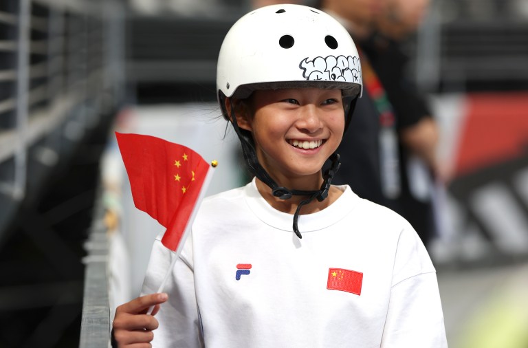 SHANGHAI, CHINA - MAY 16: Haohao Zheng of China competes during the Women's Park prelims round of the Skateboarding competition on day one of 2024 Olympic Qualifier Series Shanghai on May 16, 2024 in Shanghai, China. (Photo by Zhe Ji/Getty Images)