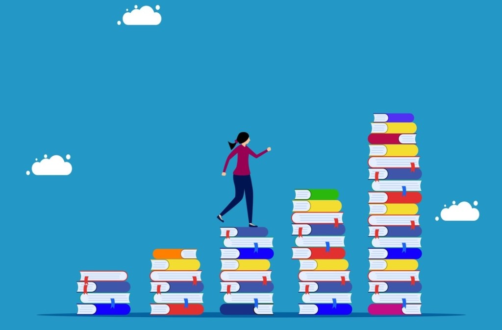 illustration of girl walking on books